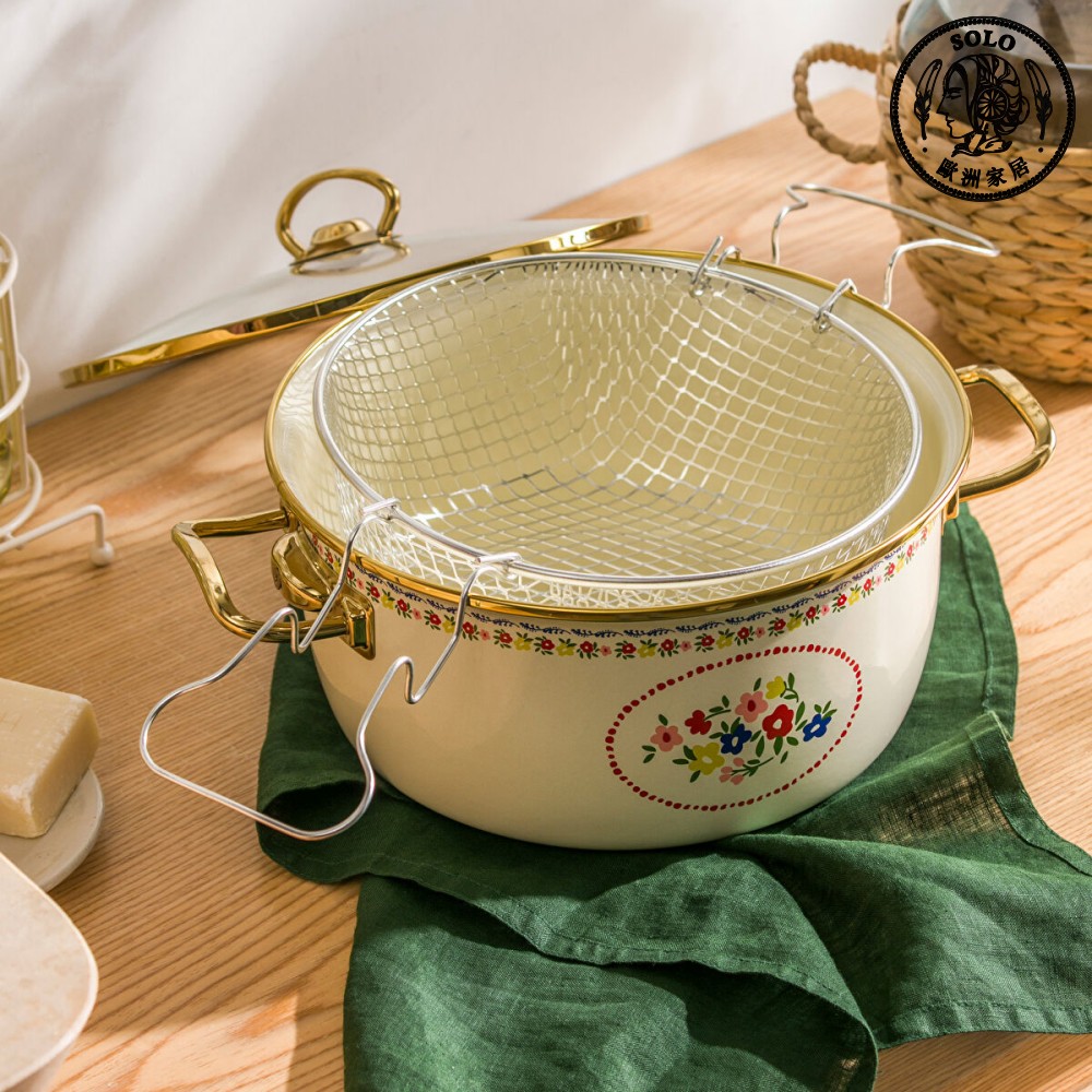 【SOLO Vintage】LCW Home 3700ml Enamel Flowers Frying Pan Set Made in Turkey, , large