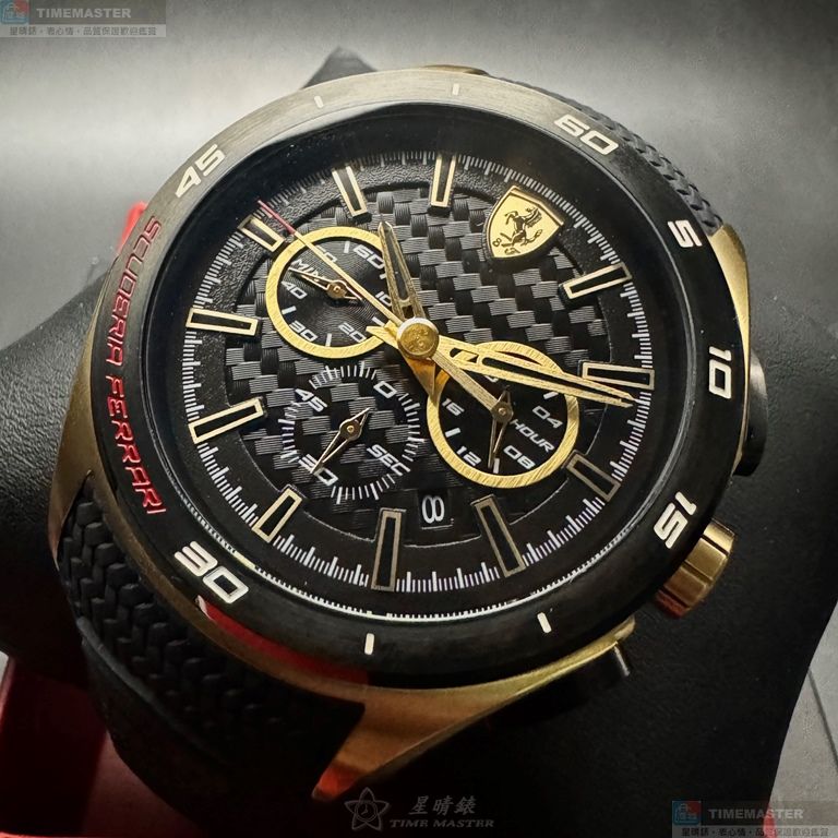 [星晴錶業]FERRARI手錶,46mm,FE00106黑色錶面金色錶殼深黑色矽膠錶帶款, , large