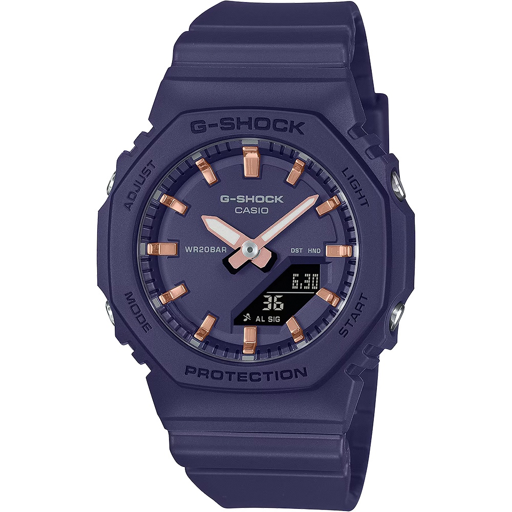 CASIO 卡西歐 G-SHOCK 優雅玫瑰金時標 八角雙顯手錶 520情人節 送禮-海軍藍 GMA-P2100M-2A, , large