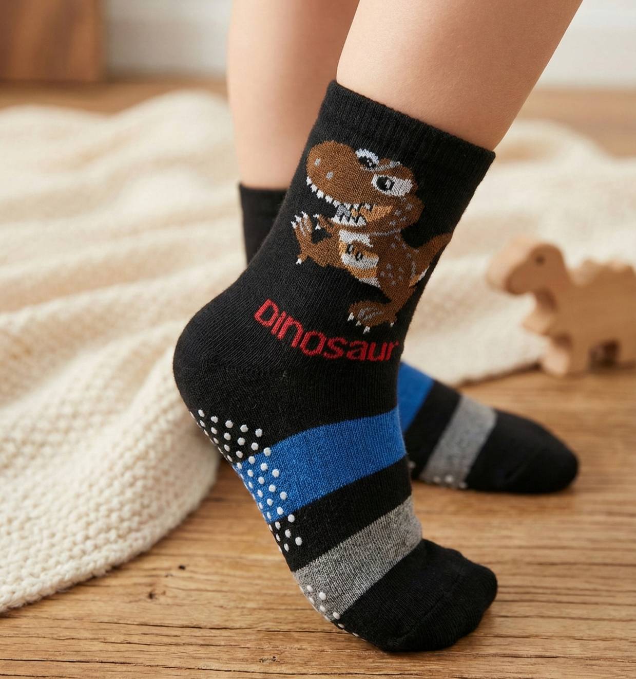 [Kaimei Cotton] 10 pairs of random excellent MIT Taiwan made pure cotton non-slip children's socks-Tyrannosaurus Rex attack children 14-17cm 4-7 years old, , large