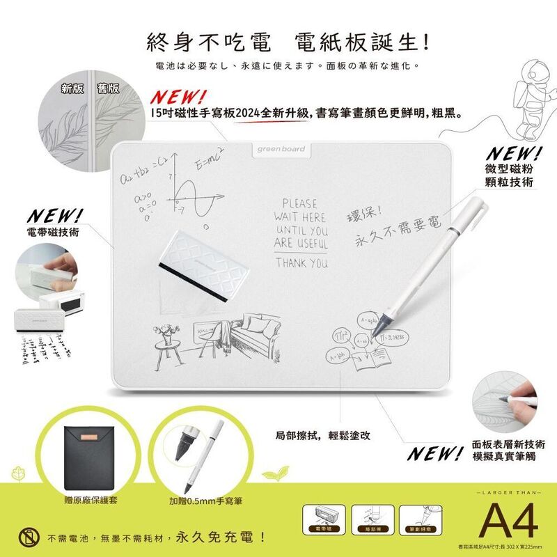 【Green Board】15吋磁性手寫板 2024版 -電動板擦組 局部清除 電紙板 A4畫板 記事板 贈保護套, , large