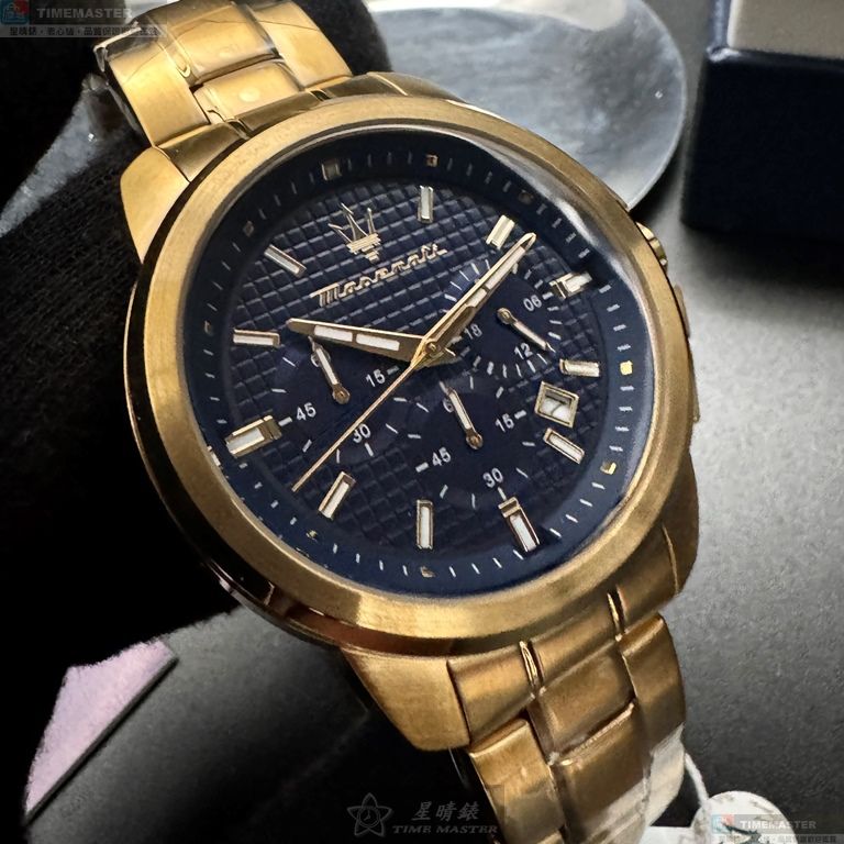 [星晴錶業]MASERATI手錶,44mm,R8873621021寶藍色錶面銀金色錶殼金色精鋼錶帶款, , large