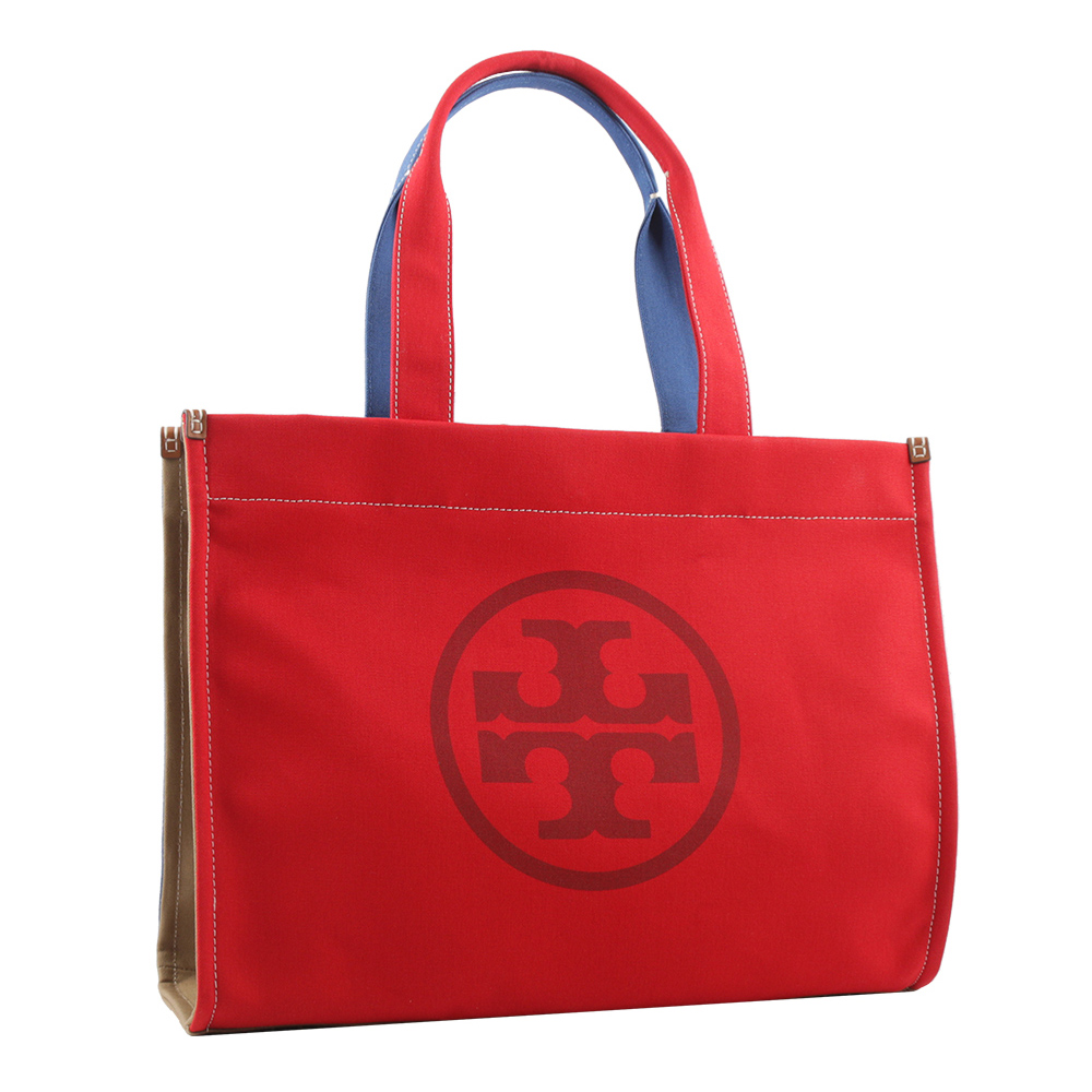 TORY BURCH Ella 拼色棉質帆布托特包/紅色/藍色, , large