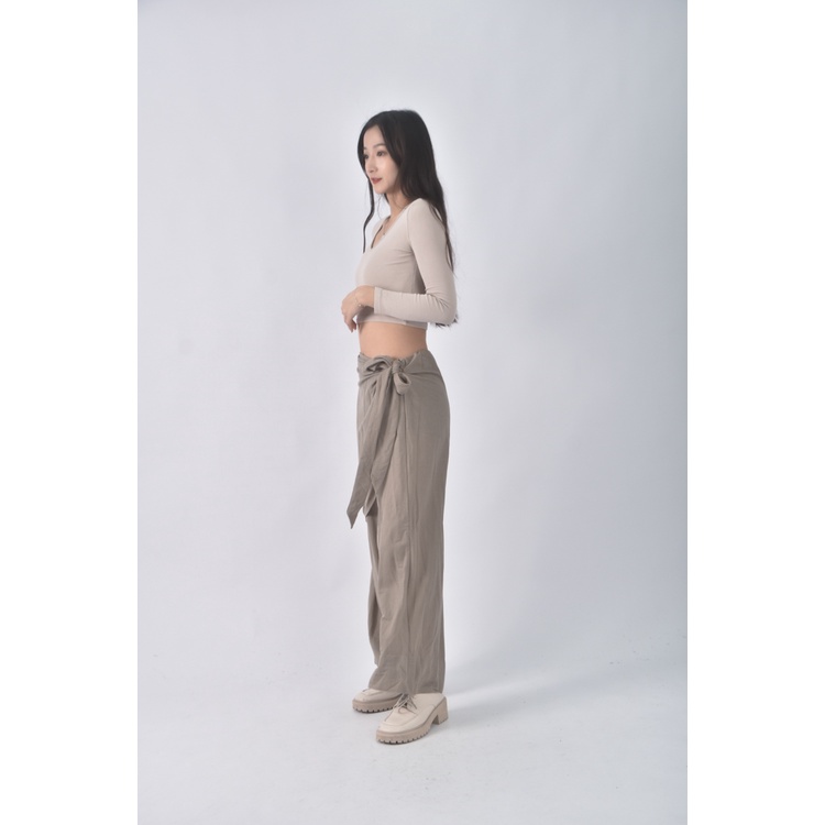 (XL) zara高腰質感鬆緊腰綠色長褲二手衣, , large