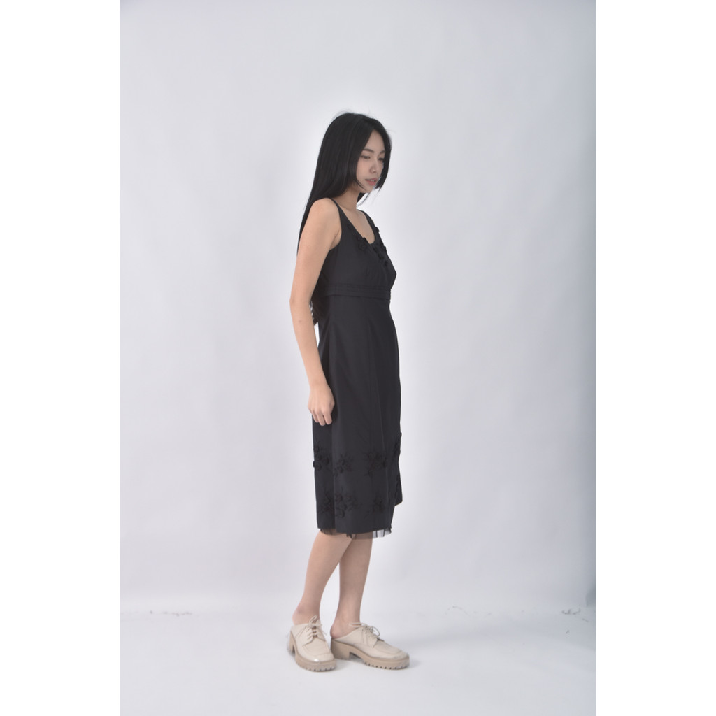 (S) whistles禮服棉質玫瑰花無袖黑色洋裝二手衣, , large