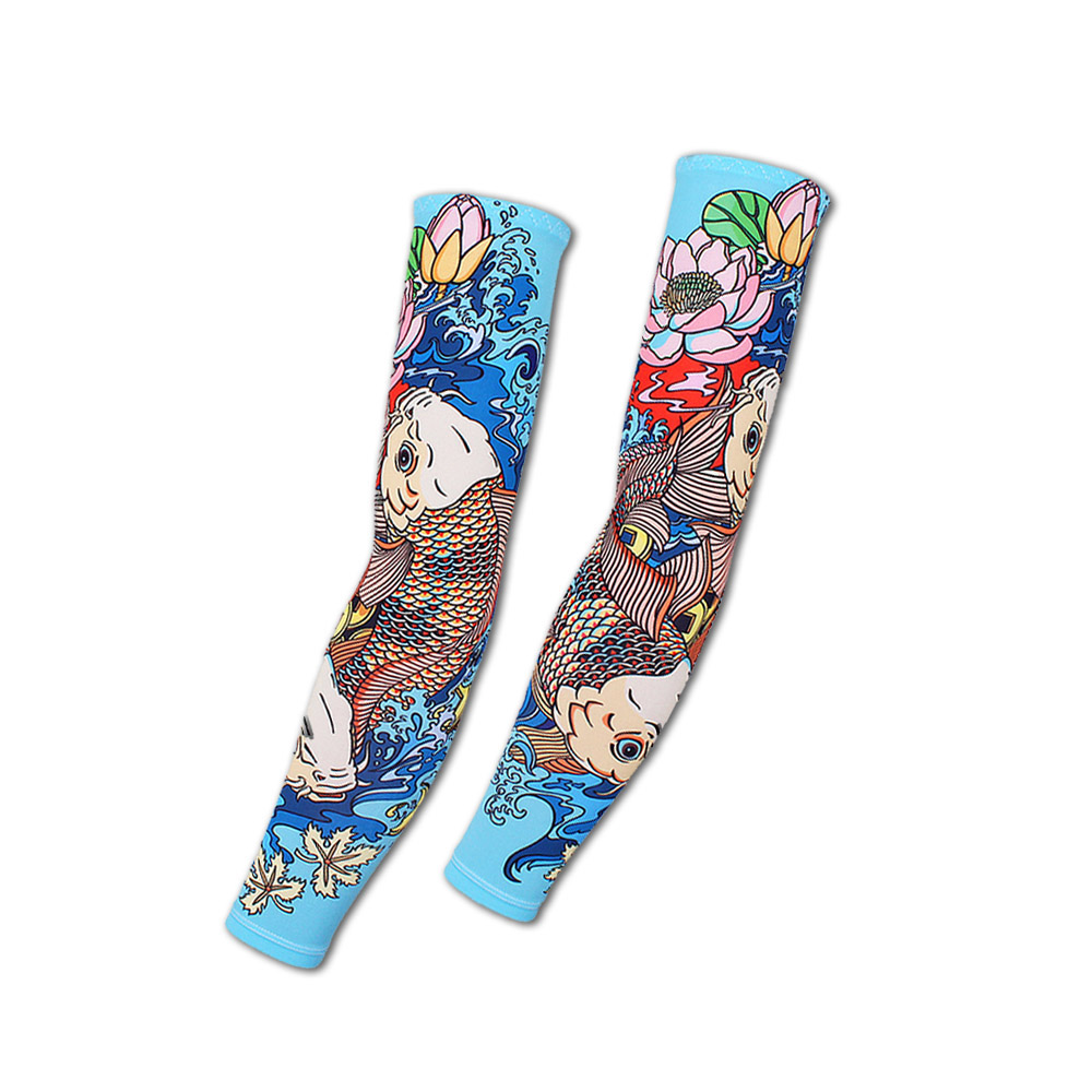 [日日好物]生活良品-抗UV冰絲涼感透氣仿紋身鯉魚圖騰印花男女防曬袖套1雙/袋(運動款超彈力臂套,騎行外送,登山露營,釣魚園藝,路跑遶境,海邊衝浪), , large