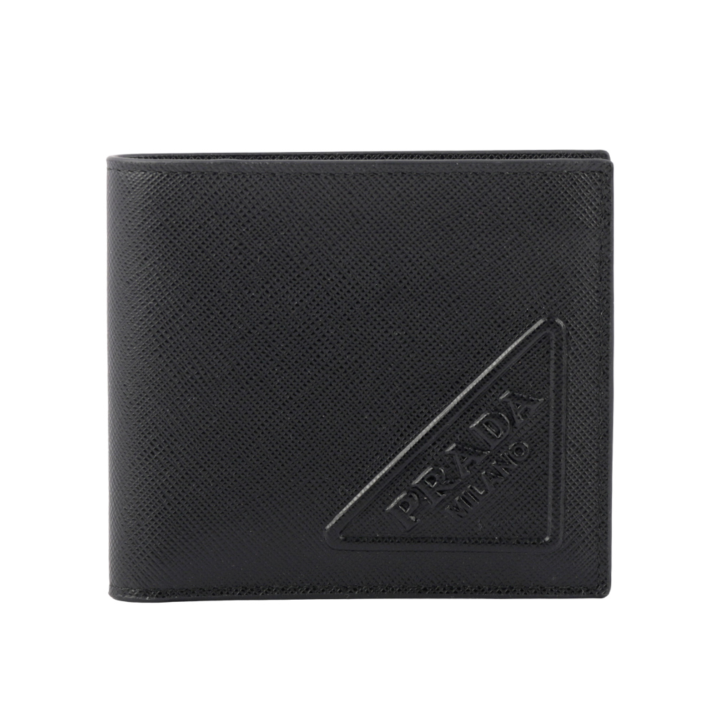 PRADA 浮雕壓印三角牌Logo 防刮皮革對開8卡短夾/黑色, , large