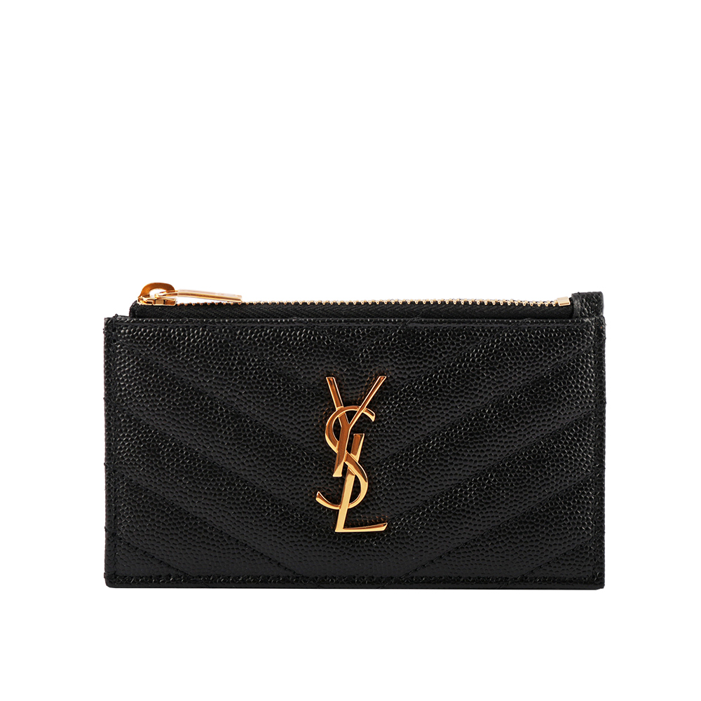 YSL 山形紋荔枝皮金字Logo拉鍊卡片/零錢夾/黑色, , large
