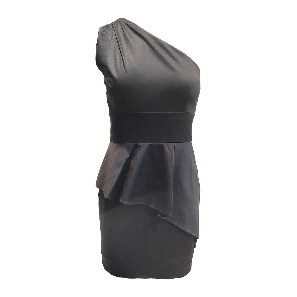 Lizzy黑色不對稱露肩腰帶洋裝, , large