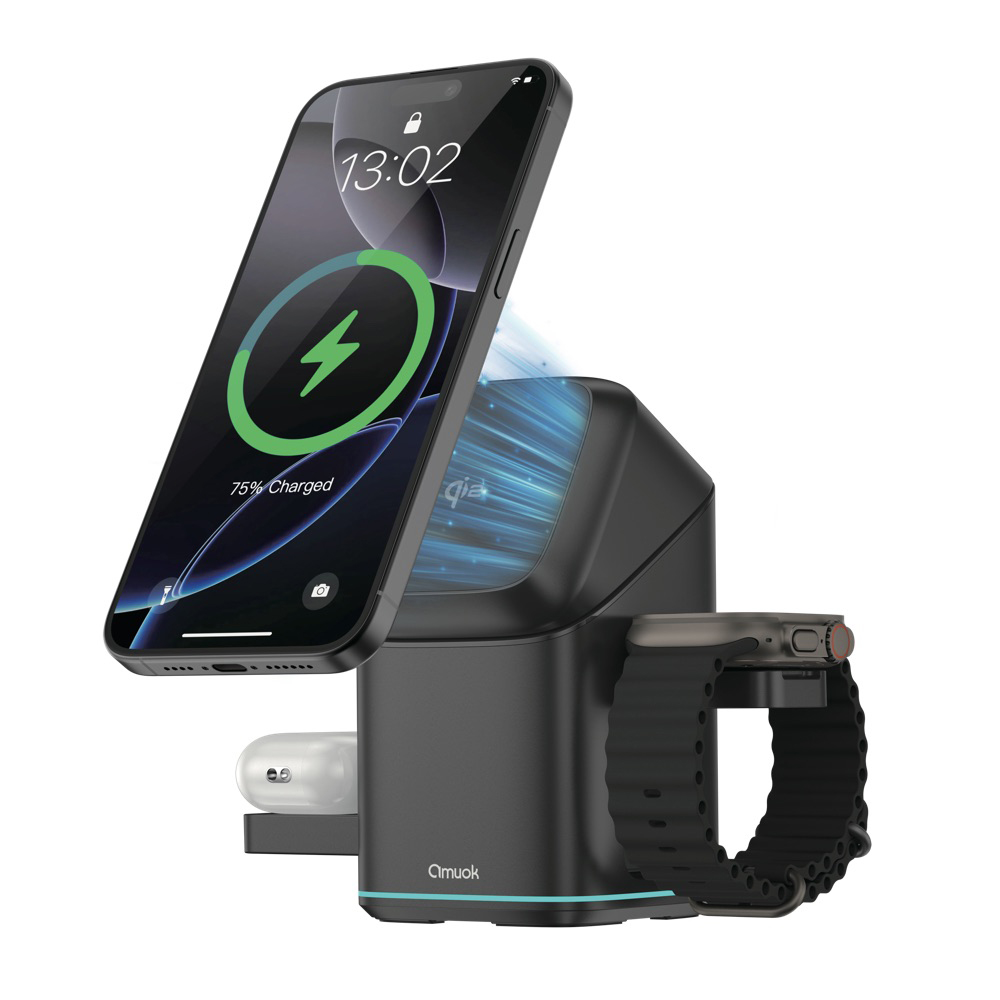 【amuok】AK-WI01 Qi2認證 萬能三合一磁吸無線充電站(無線充電座 充電器 AppleWatch充電 AirPods充電), , large