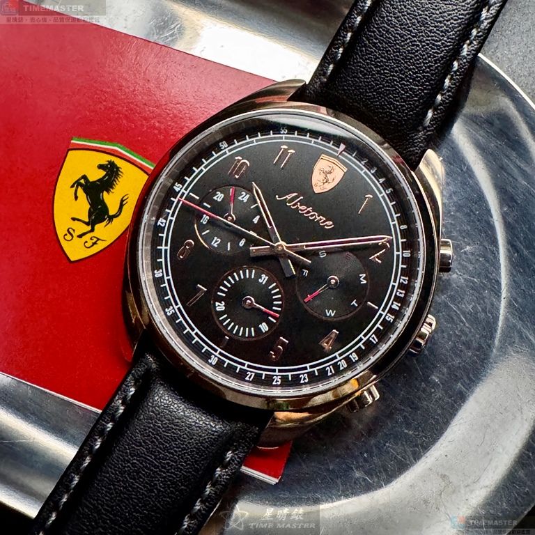 [星晴錶業]FERRARI手錶,42mm,FE00095黑色錶面玫瑰金錶殼深黑色真皮皮革錶帶款, , large