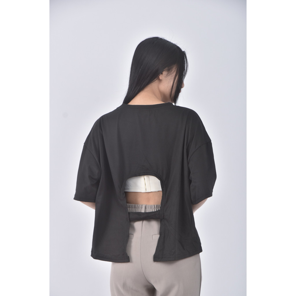 (XL) 質感露背黑色短袖上衣二手衣, , large