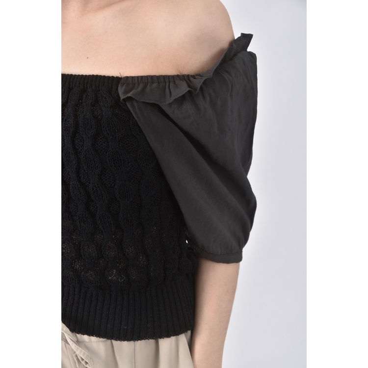 (S) 針織泡泡袖黑色短袖上衣二手衣, , large