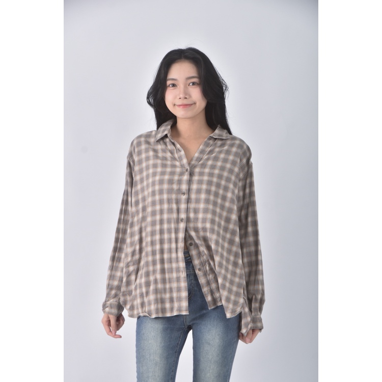 (XL) uniqlo質感棉質格紋棕色長袖上衣二手衣, , large