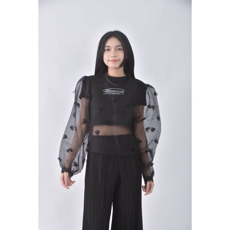 (S) x party韓牌質感透膚黑色罩衫二手衣, , large