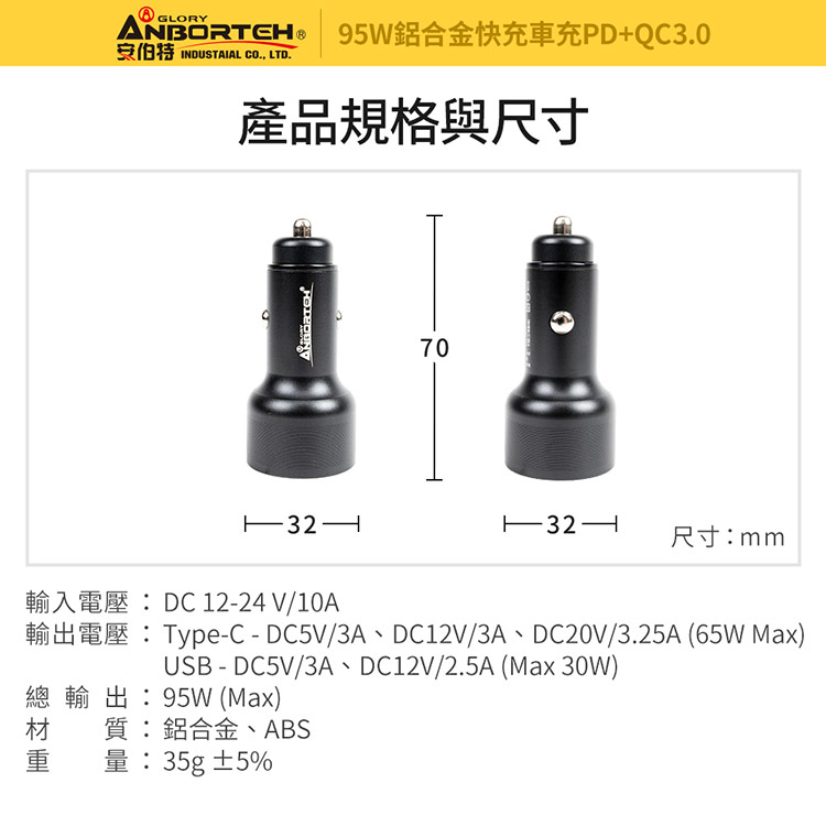 【安伯特】酷電大師 95W鋁合金快充車充PD+QC3.0 (國家認證 一年保固) R3D197, , large