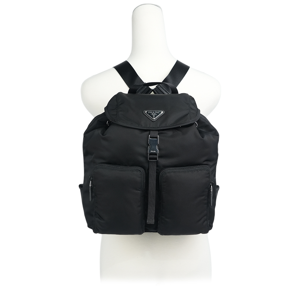 PRADA 三角牌Logo 尼龍雙口袋後背包/黑色, , large