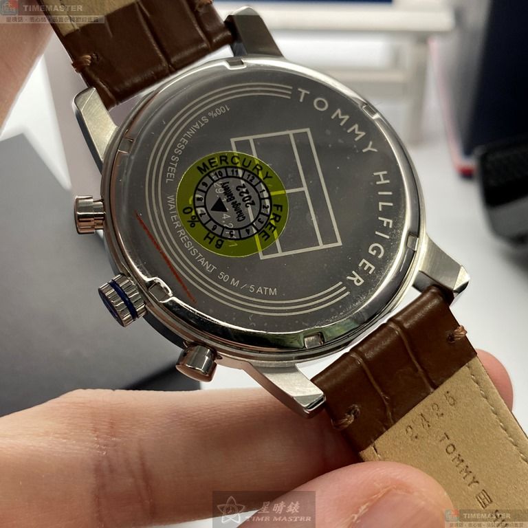 [星晴錶業]TommyHilfiger手錶,44mm,TH00018黑色錶面銀錶殼咖啡色真皮皮革錶帶款, , large