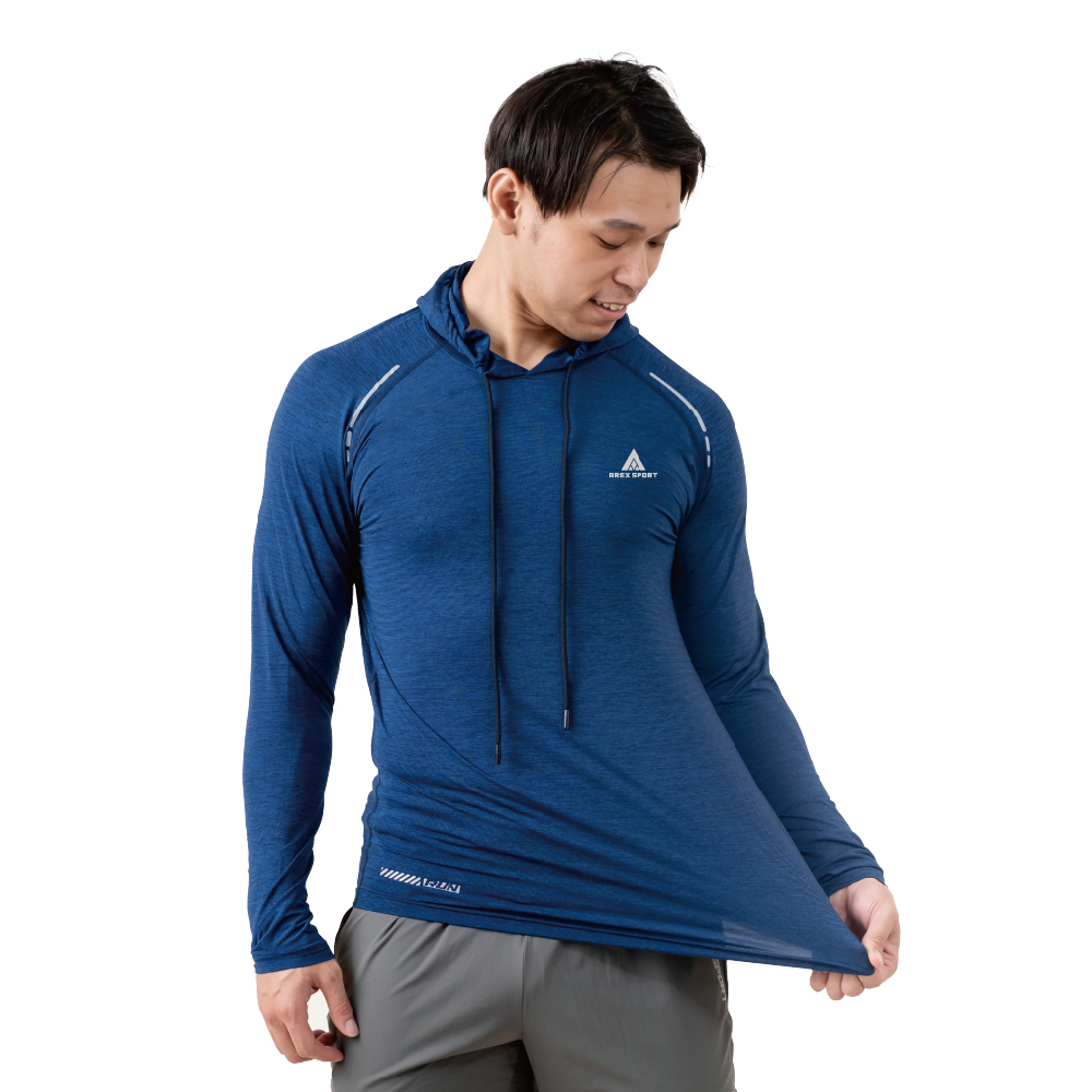 【AREXSPORT】AS-7461 加大碼 男款 冰絲衣 長袖 運動衣 輕薄 彈力衣 帽Ｔ 透氣舒適 運動健身 長袖, , large