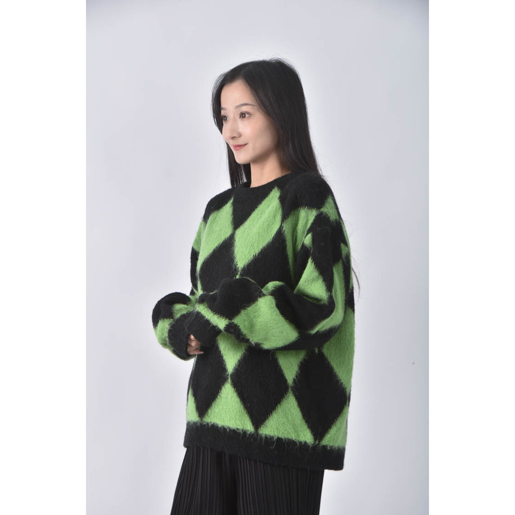 (F) lagua gem菱格紋綠色長袖上衣二手衣, , large