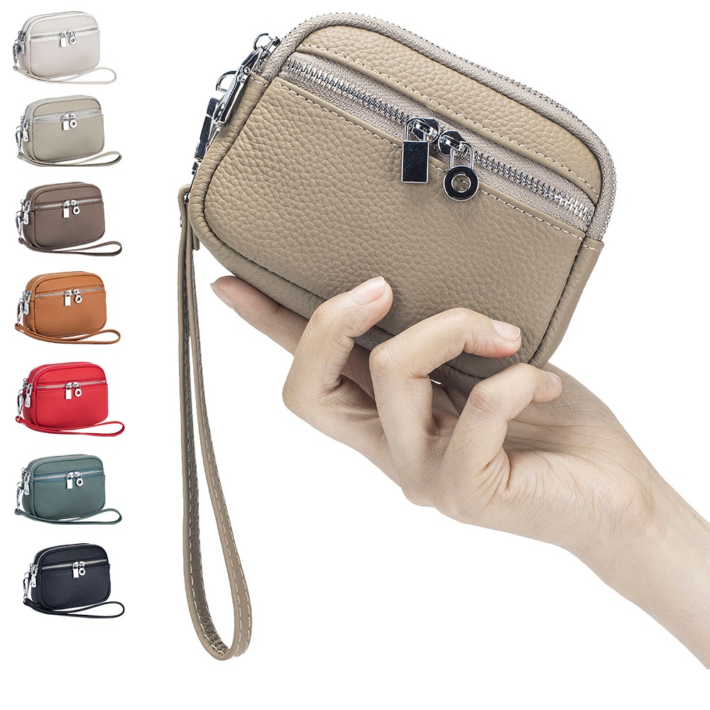 SPRING-真皮頭層牛皮雙拉鍊零錢包真皮頭層牛皮手拎錢包-多色, , large