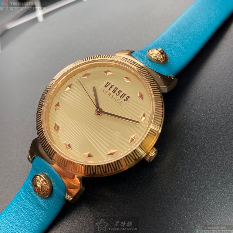[星晴錶業]VERSUS VERSACE手錶,36mm,VV00297米粉色錶面玫瑰金錶殼淺藍真皮皮革錶帶款, , large