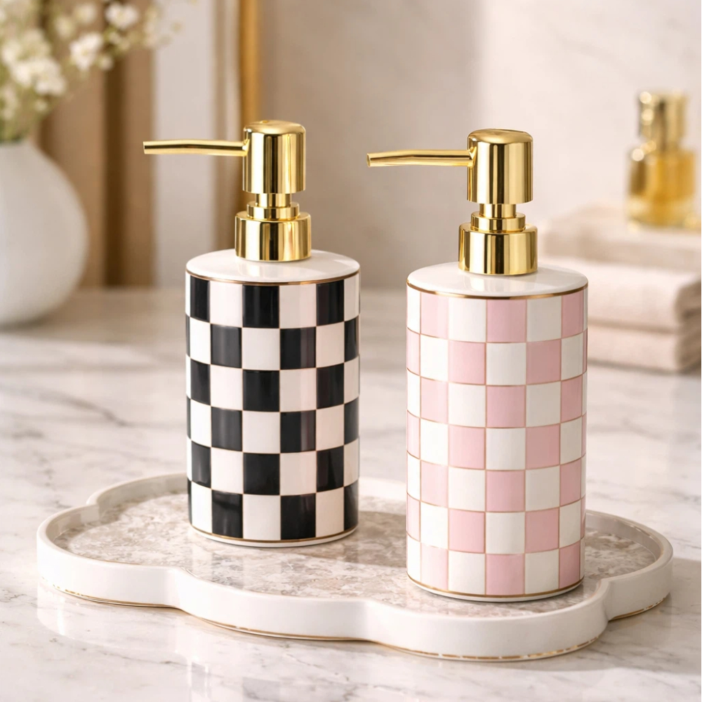 【A&R】復古棋盤格陶瓷洗護按壓瓶 300ML - 公主柔粉