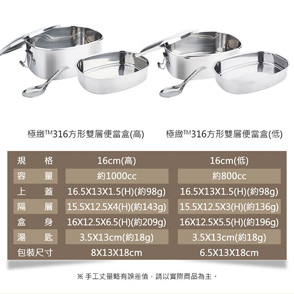 PERFECT 理想牌 極緻316不鏽鋼方形雙層便當盒 16cm高-Leidea樂德兒, , large