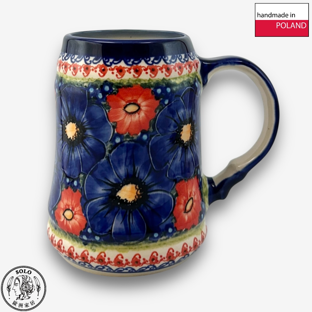 【SOLO Vintage】Cerraf Polish Pottery 680ml Beer Mug Red and Blue Blossoming Elegance Series Made in Poland, , large