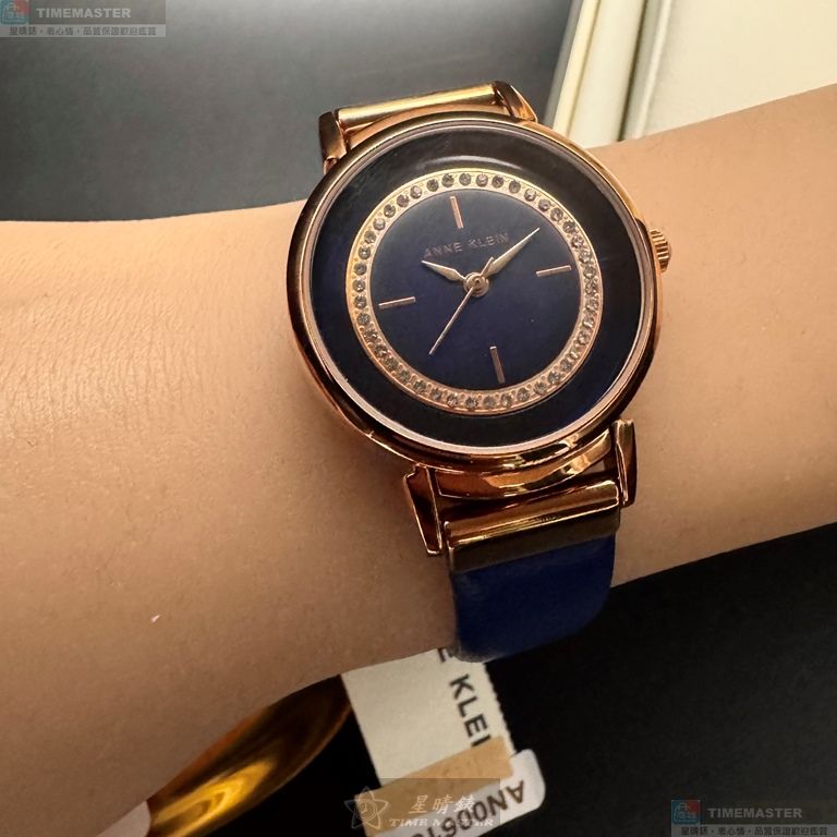 [星晴錶業]ANNE KLEIN手錶,32mm,AN00618寶藍色錶面玫瑰金錶殼寶藍真皮皮革錶帶款, , large