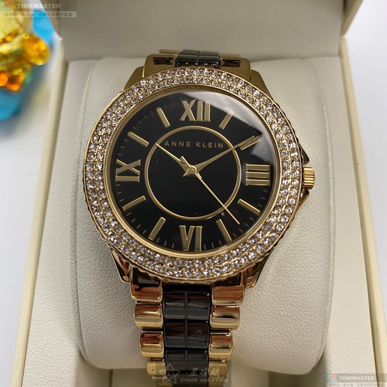 [星晴錶業]AnneKlein手錶,38mm,AN00553黑色錶面金色錶殼黑金精鋼錶帶款, , large