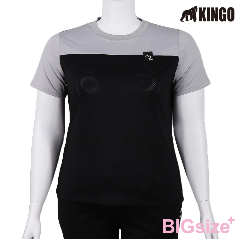 KINGO-大尺碼-女款 吸排 拼接 圓領T恤-黑-414625, , large