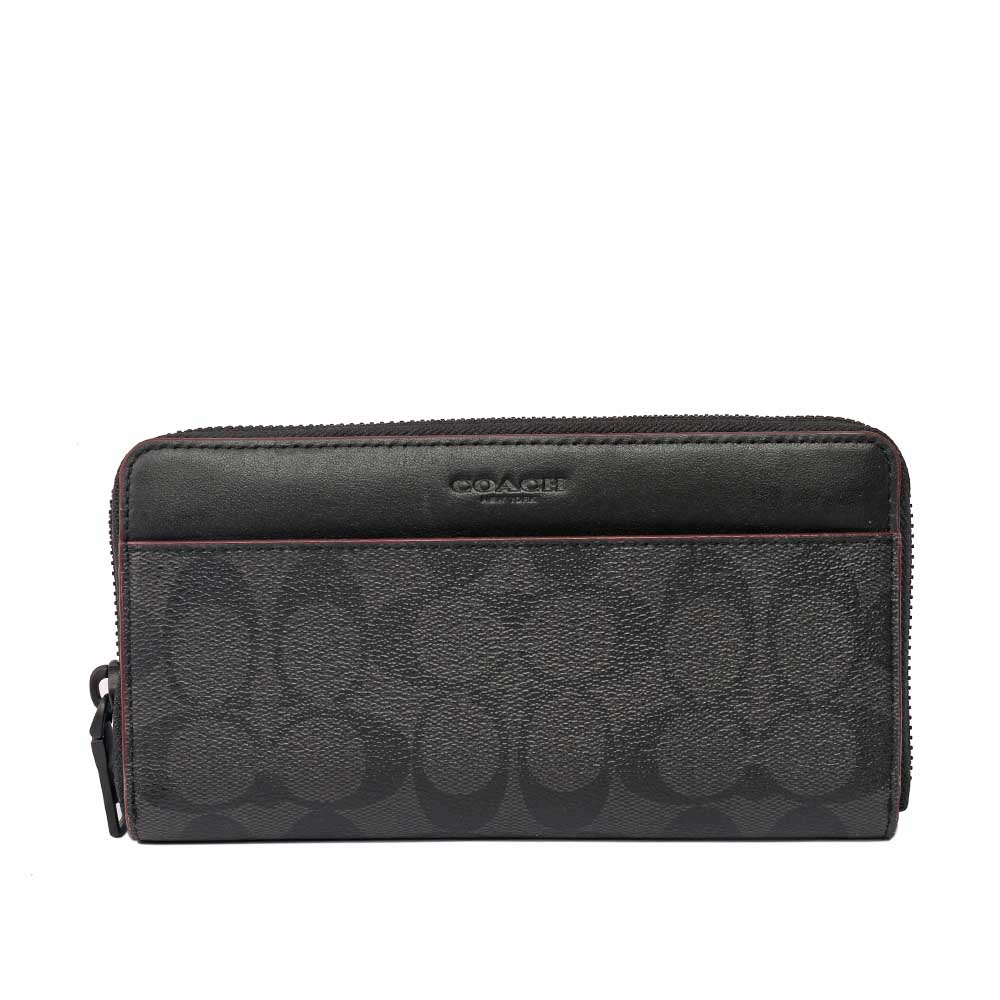 COACH PVC LOGO皮革ㄇ拉長夾/黑灰/紅邊, , large