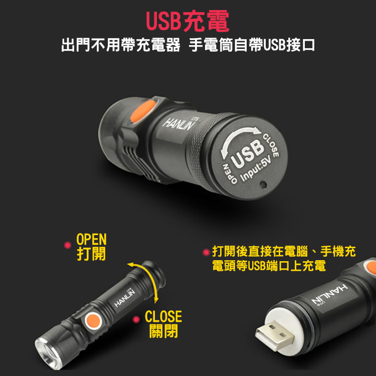 [HANLIN]-UT6 隨身迷你T6強光手電筒-伸縮變焦(USB直充)#現貨 鋁合金 伸縮變焦 USB 免電池 露營(黑色), , large