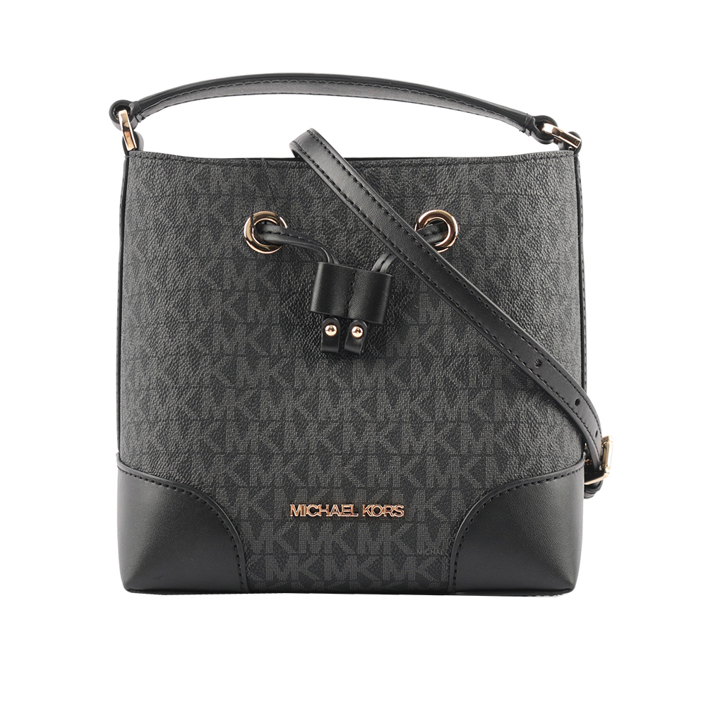 Michael Kors Mercer 塗層帆布束繩設計小款水桶包/黑色, , large