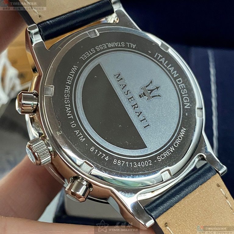 [星晴錶業]MASERATI手錶,44mm,R8871134002寶藍色錶面銀錶殼寶藍真皮皮革錶帶款, , large