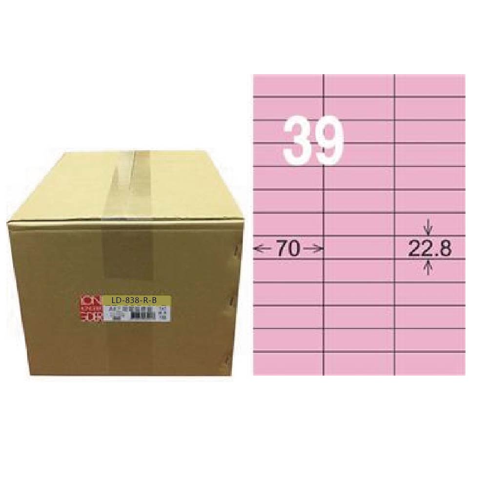 【龍德】LONGDER 三用電腦標籤 A4 39格 22.8*70mm粉紅1000張/箱 LD-838-R-B(適用雷射、噴墨、影印), , large
